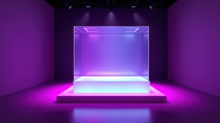 Empty display pedestal glows brightly. Dark room features purple lighting, creating futuristic exhibit space. Minimalist design.