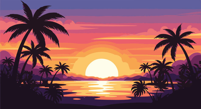 Pixel art tropical beach with palm trees silhouetted at sunset over water