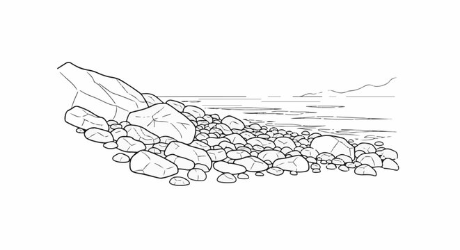 Line drawing of a rocky shore meeting the calm ocean with distant hills
