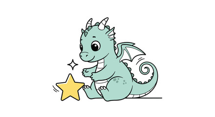 Fototapeta premium Small green baby dragon sits happily on the ground while playing with a bright yellow glowing star in a magical scene.