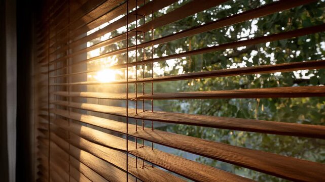 Sunlight blinds window morning rays through wooden slats