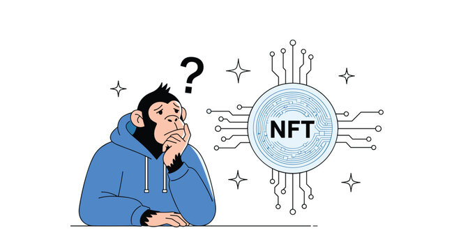 Thinking monkey character wearing a blue hoodie looks at a digital nft coin while wondering about blockchain technology.
