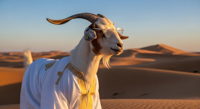 Goat in Traditional Robe and Glasses in Desert for Eid al Adha