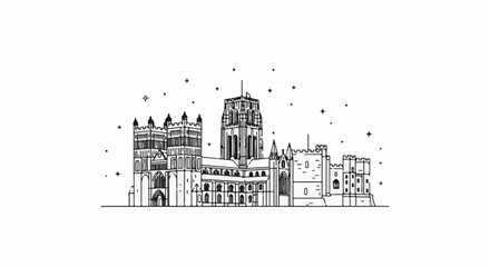 Obraz premium Black and white line drawing of a grand cathedral with flanking castle-like structures under a starry sky