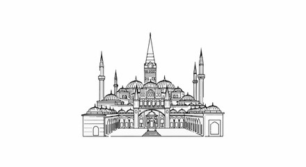 Obraz premium Detailed black and white line drawing of a grand mosque with domes and minarets