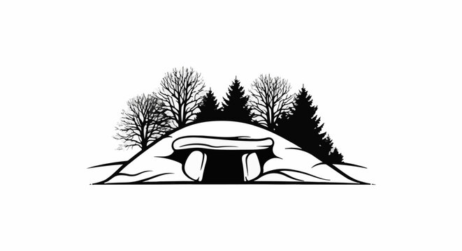Ancient burial mound with entrance, surrounded by bare and evergreen trees