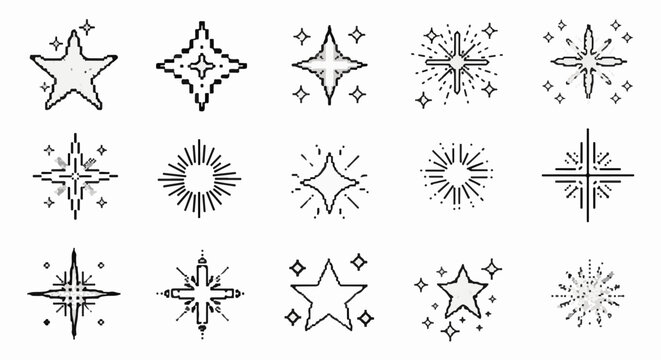 Collection of pixelated starbursts and star icons in black and white