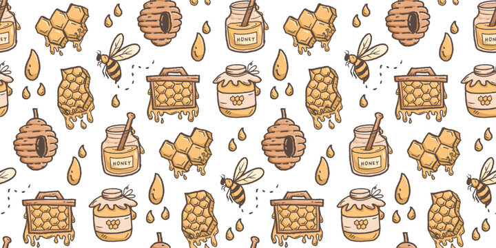 Honey hand drawn pattern. Honey farm background doodle. Beehive line art illustration for packaging. Bumble bee seamless pattern containing honeycomb, jar, dipper.