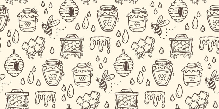 Honey hand drawn pattern. Honey farm background doodle. Beehive line art illustration for packaging. Bumble bee seamless pattern containing honeycomb, jar, dipper.