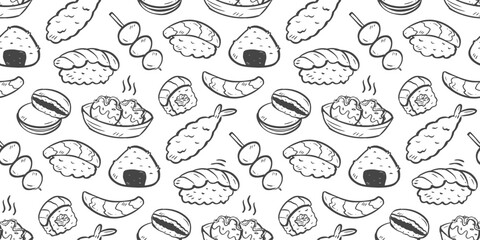 Sushi rolls doodle background. Japanese food pattern background. Cute Asian culinary seamless pattern. Japan cuisine hand drawn pattern with Sushi, Maki, Nigiri, Onigiri, Dango, Takoyaki, Tempura. © Dean