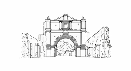 Obraz premium Ancient ruins of a grand archway with a volcano visible behind