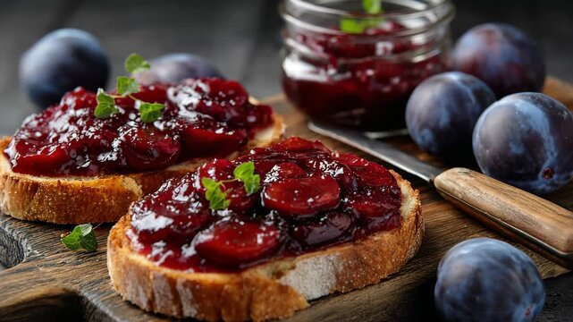 Toast jam plum fruit spread breakfast on rustic wooden board