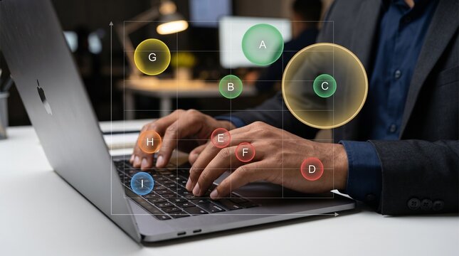 Professional businessperson typing on MacBook laptop with augmented reality markers A-B-C-D-E highlighting interface areas for AR development and UX testing

