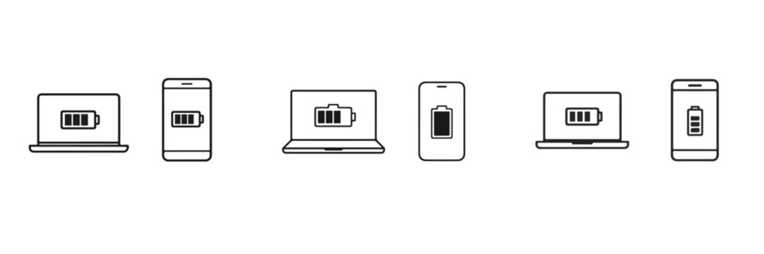 Vektor line art of an electronic device (laptop or cell phone) with a battery symbol. Vektor, illustration, minimalist, icon, set icon