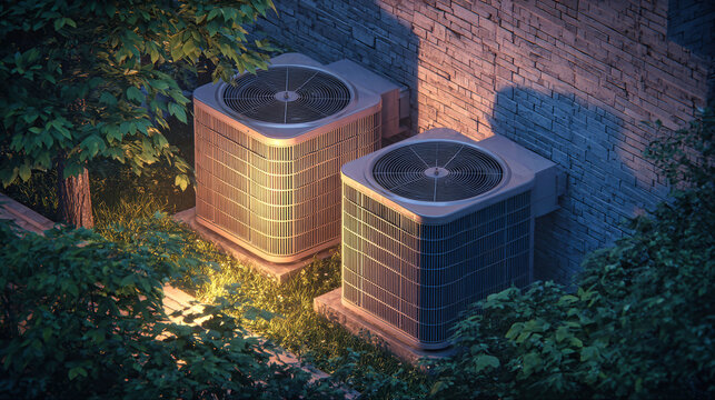 Two large air conditioner units sit beside a house, illuminated by warm evening light. Lush greenery and a white brick wall create a cozy residential scene