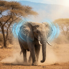 Fototapeta premium African elephant flapping ears for thermoregulation in dry savanna habitat during heat adaptation