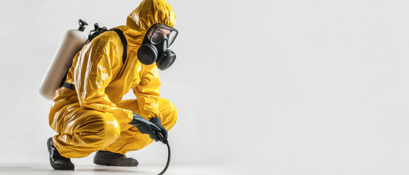 Man in protective suit kneels and holds insect control device in a white setting. The scene represents residential pest control or food production activities