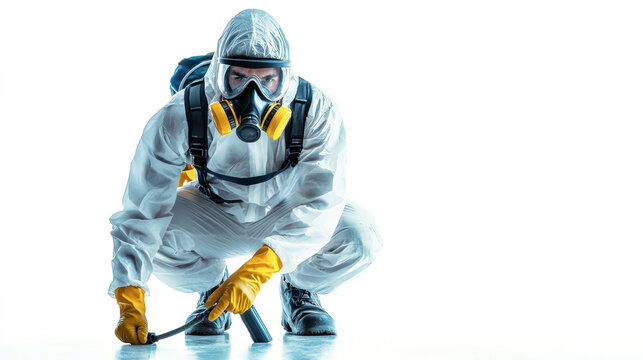 A worker kneels in a protective suit and gas mask to spray equipment on a surface for pest control in a well-lit area with a plain background