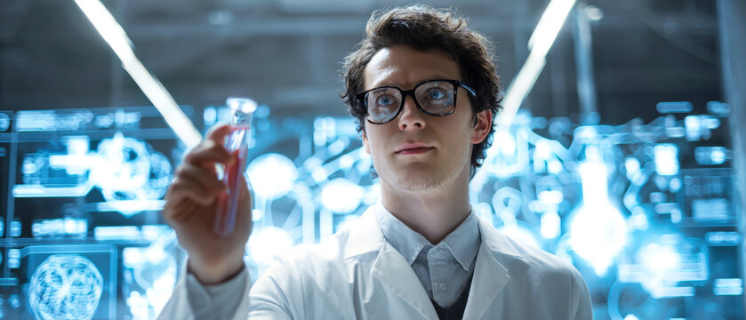 A young doctor in glasses stands in a lab, holding an empty test tube. Behind him are glass walls and various scientific tools and colorful liquids