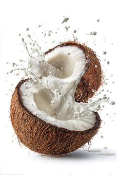 Coconut split in half with coconut milk splashing out against a white backdrop. The scene captures motion and texture, highlighting fresh natural elements