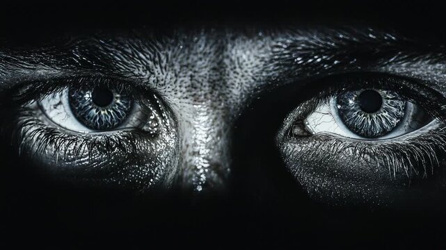 Black painted face with stunning blue eyes opening and staring intensely into the camera