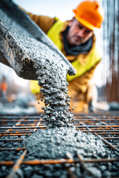 A construction worker in a hard hat and safety vest pours concrete into a steel framework at a building site. The work occurs in the morning with clear skies