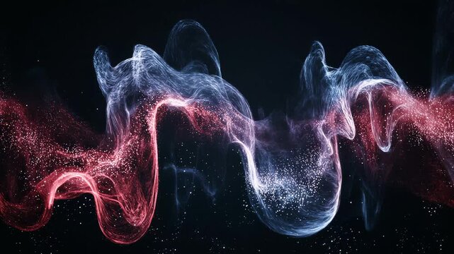 Ethereal red and blue smoke with glowing particles gently undulating on a dark background