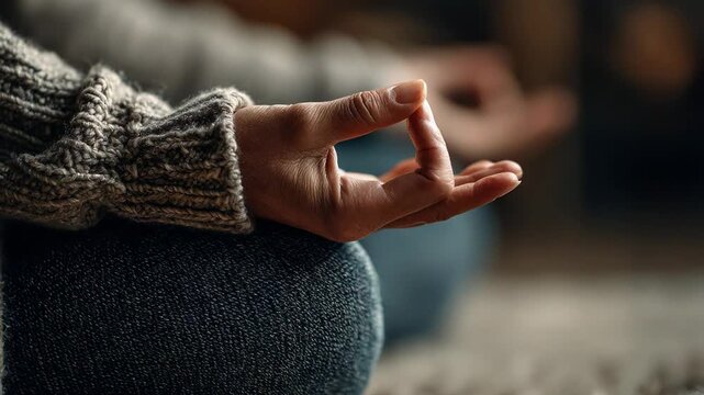 Close up of a female hand in a mudra gesture during meditation practice for mindfulness at home