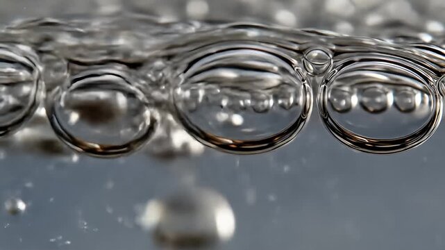 Close-up of transparent bubbles in liquid, reflecting light, creating an abstract pattern