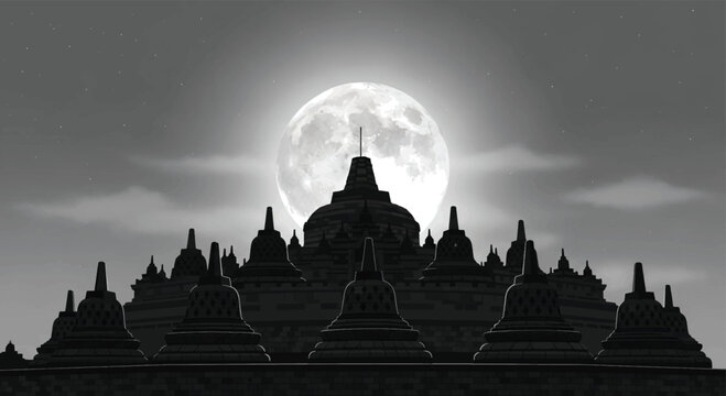 Monochrome temple, ancient architecture, full moon, dramatic sky, silhouette landscape