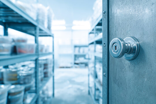 Cold storage room shows food storage shelving and a metal door lock on the right. Blue tones blend with the lighting, inviting text placement on the left