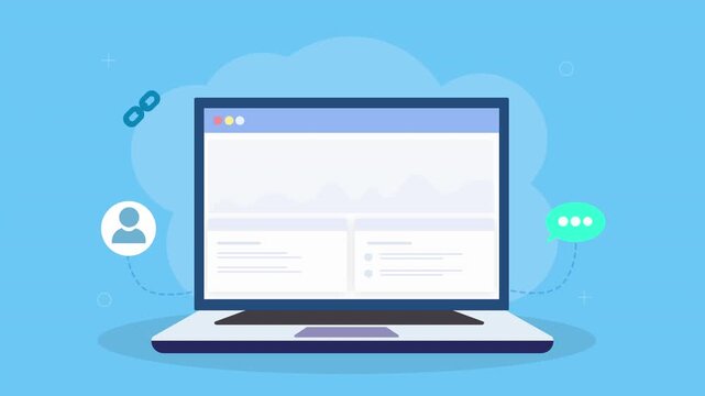 Animated laptop displaying user profile dashboard with account icon, chat message, and digital interface elements in clean flat design on teal background.