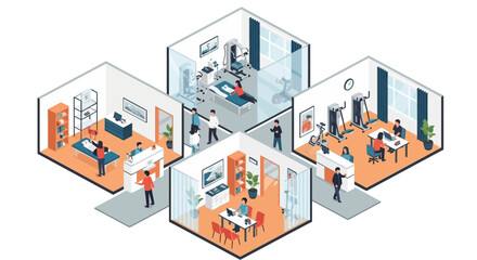 Fototapeta premium Seamless Isometric Vector Artwork Showcasing Diverse Modern Business Environments and Collaborative Workspaces with Professionals Engaged in Various Activities