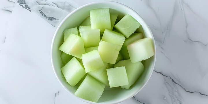Freshly diced honeydew melon pieces fill a white bowl.