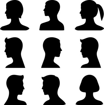 Nine diverse people head profile silhouettes facing left side in flat black vector design concept