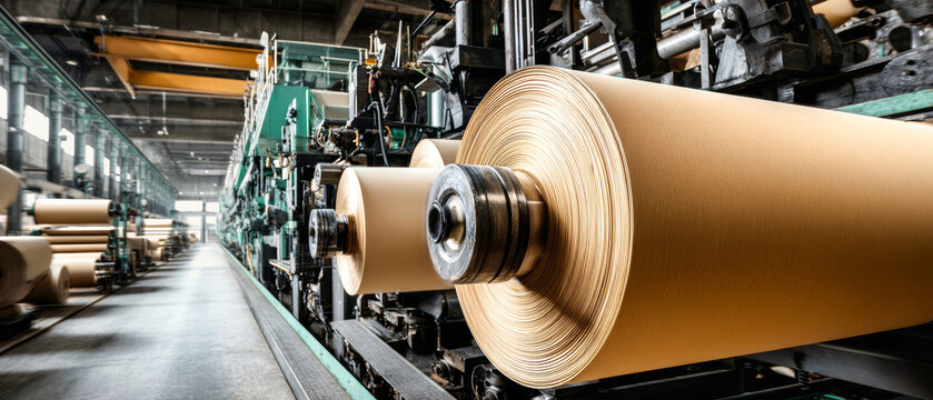 A close view of a golden-brown roll in a paper mill. Other machines process cardboard in the background while daylight fills the space with warmth