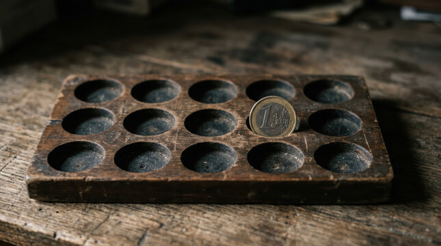 Retirement savings mistake concept. Rusty vintage mancala board with one coin on a wooden rustic table surface.