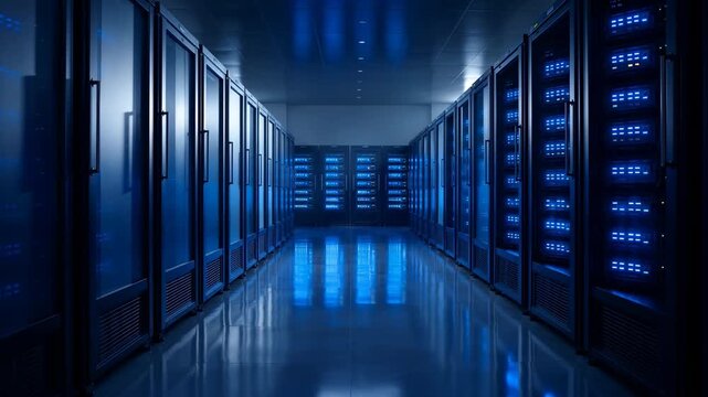 Premium cinematic footage inside a futuristic AI data center with glowing server racks and powerful computing infrastructure