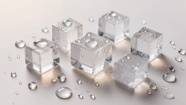 Fresh Ice Cubes with Water Droplets on Reflective Surface