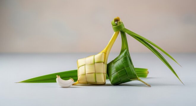 Two traditional ketupat rice cakes woven from palm leaves, one yellow and one green, arranged on a light grey surface with a garlic clove and pandan leaves against a neutral background.