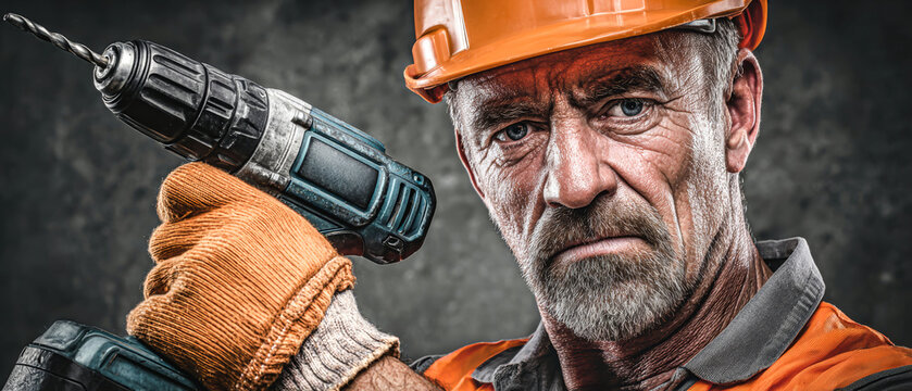 A worker in an orange vest and hard hat holds a drill firmly with one hand while wearing gloves. The setting is a professional studio designed for clear focus