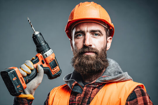 Worker stands with a drill in his right hand while wearing gloves and an orange hard hat. The setting shows focus on construction and safety equipment