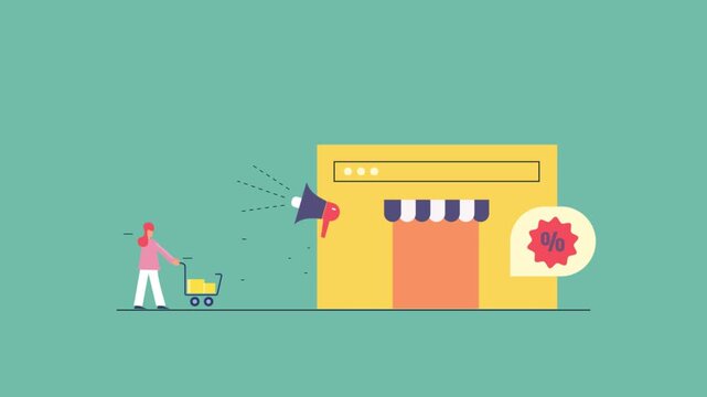 Ecommerce website highlights compelling offers for customers, woman purchase with shopping trolley  and provide star rating.