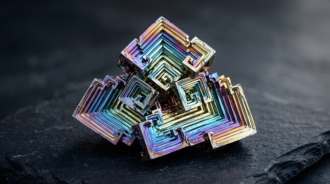 A stunning crystal formation of bismuth with vibrant colors and geometric shapes on a dark background