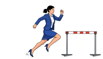 Fototapeta premium Businesswoman Jumping over Hurdle Vector Illustration, Isolated Transparent Background for Corporate Challenge and Success Concept