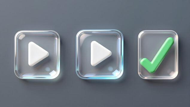 Play Button and Checkmark Icons: A set of modern, minimalist icons showcasing a play button and a checkmark, rendered in a sleek, glassy design. These icons represent action, confirmation.