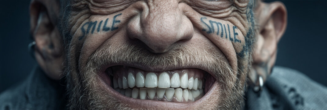 Surreal and Hyperrealistic Portrait of a Man with an Exaggerated Smile and a Tattoo That Says Smile, a Striking Conceptual Image Blending Humor and Realism with Strong Visual Impact. Generative Ai.
