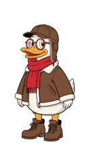 Naklejka premium Cartoon Duck Wearing Winter Gear, Pilot Cap Glasses Scarf Jacket Boots Vector Illustration Isolated on Transparent Background
