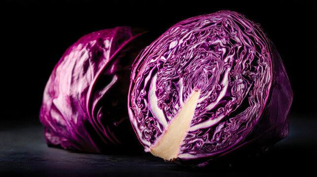 Half of a purple cabbage on a dark surface showing inner layers and texture in a simple setting