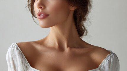 Fototapeta premium Model poses with graceful neck line in simple outfit against plain background for refined commercial setting